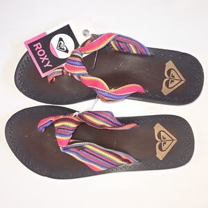 NWT Roxy Brown Striped Flip Flops beach sandals twee coconut girl surf